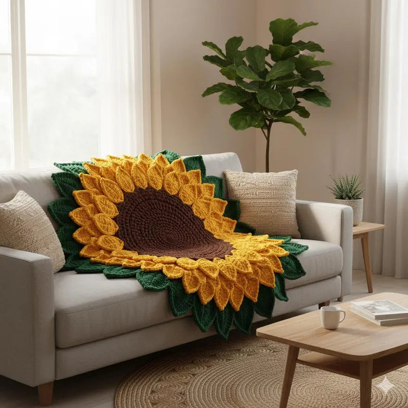 Handmade Crochet Sunflower Doormat | Plush Chunky Yarn Autumn Porch Decor | Large Flower Shaped Welcome Rug (35x35 Inch)