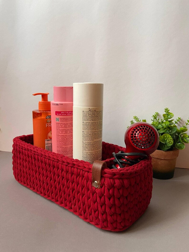 Boho Crochet Storage Basket with Divider – Handmade Cotton Rope Tabletop Organizer