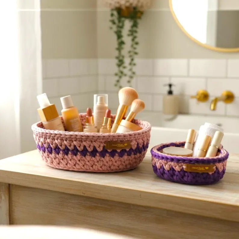 Luxury Handmade Crochet Heart Storage Baskets – Cute Nursery Organizer & Aesthetic Bathroom Decor Set