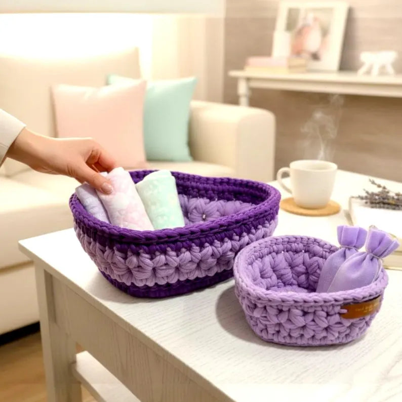 Luxury Handmade Crochet Heart Storage Baskets – Cute Nursery Organizer & Aesthetic Bathroom Decor Set