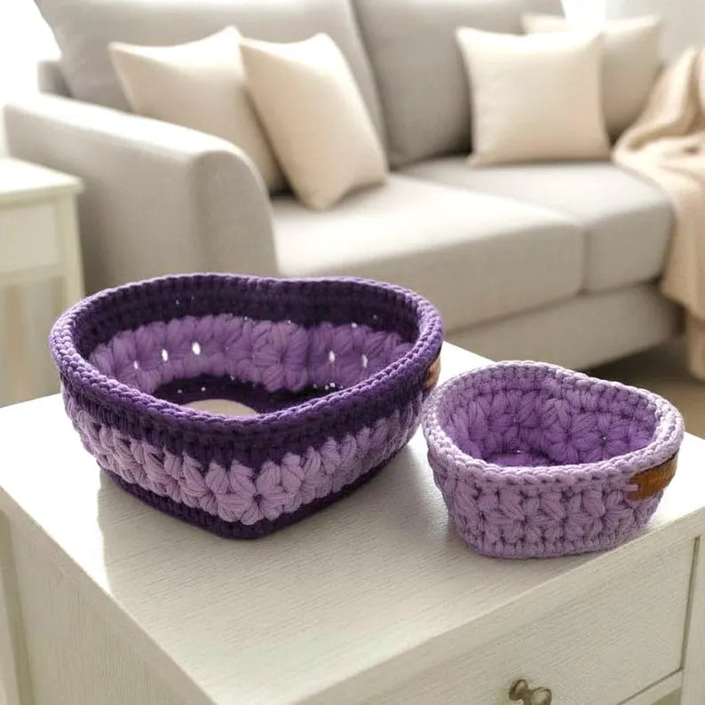 Luxury Handmade Crochet Heart Storage Baskets – Cute Nursery Organizer & Aesthetic Bathroom Decor Set