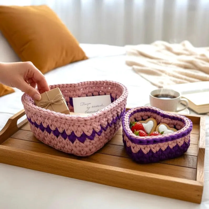 Luxury Handmade Crochet Heart Storage Baskets – Cute Nursery Organizer & Aesthetic Bathroom Decor Set