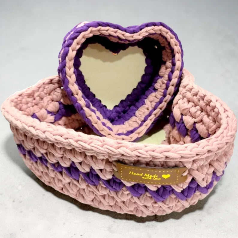 Luxury Handmade Crochet Heart Storage Baskets – Cute Nursery Organizer & Aesthetic Bathroom Decor Set