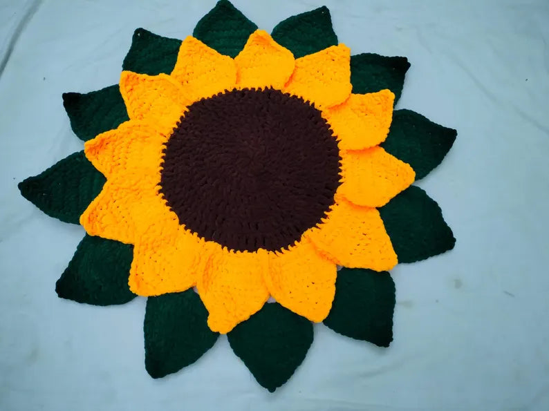 Handmade Crochet Sunflower Doormat | Plush Chunky Yarn Autumn Porch Decor | Large Flower Shaped Welcome Rug (35x35 Inch)