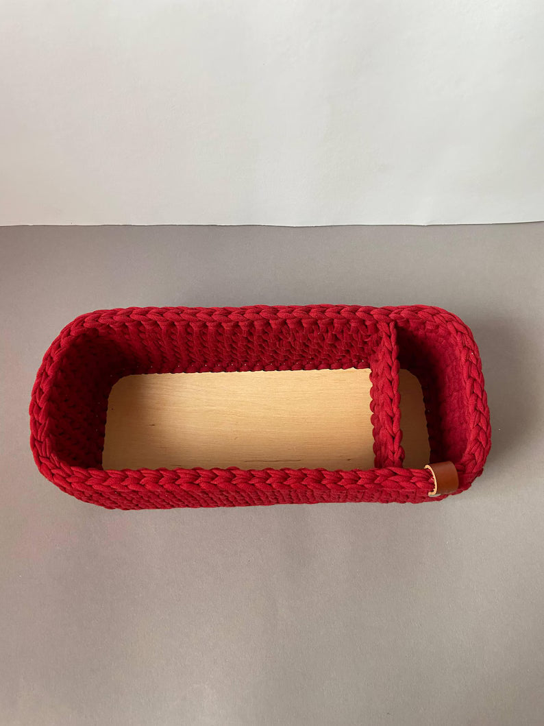 Boho Crochet Storage Basket with Divider – Handmade Cotton Rope Tabletop Organizer