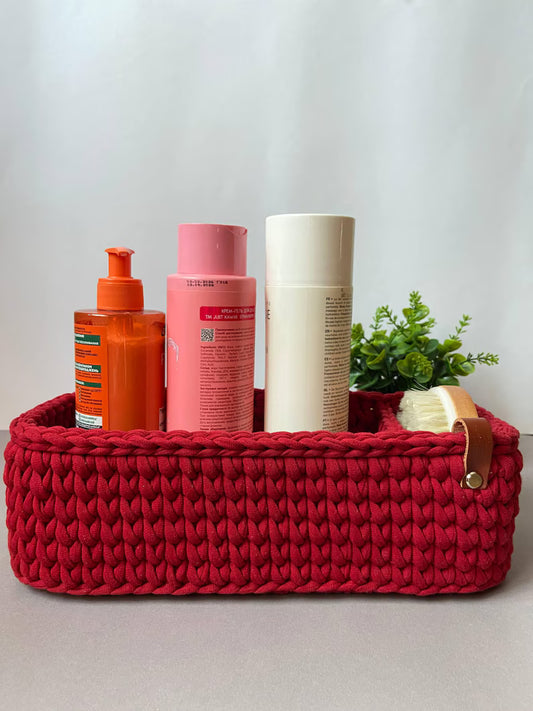 Boho Crochet Storage Basket with Divider – Handmade Cotton Rope Tabletop Organizer