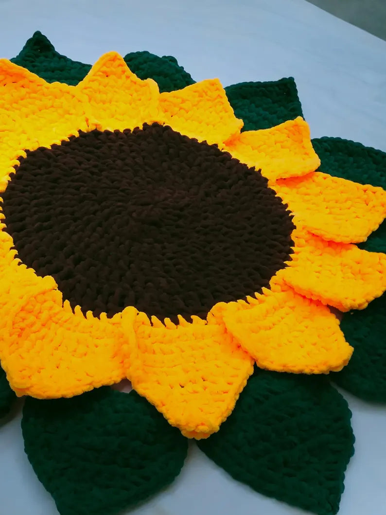 Handmade Crochet Sunflower Doormat | Plush Chunky Yarn Autumn Porch Decor | Large Flower Shaped Welcome Rug (35x35 Inch)