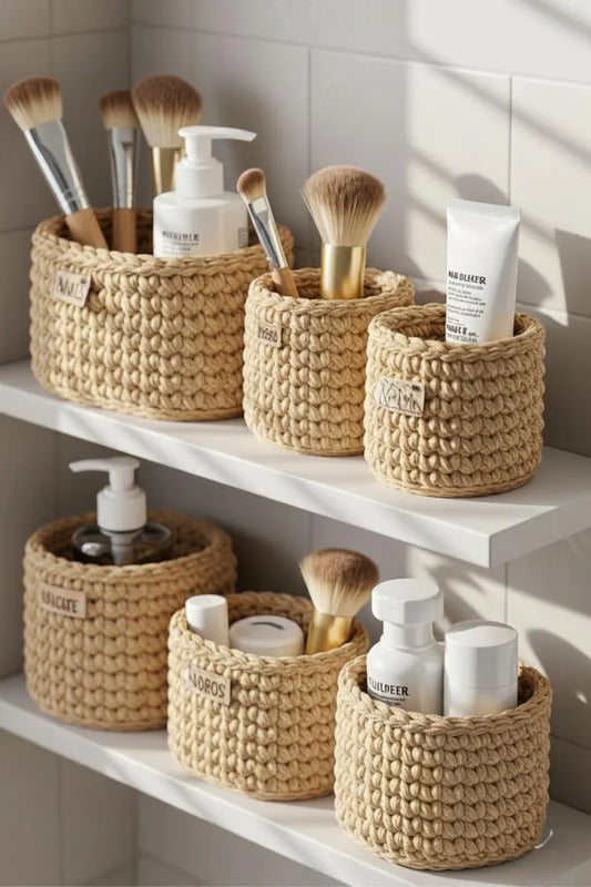 Handmade Beige Crochet Cotton Storage Basket – Minimalist Bathroom & Countertop Organizer Caddy