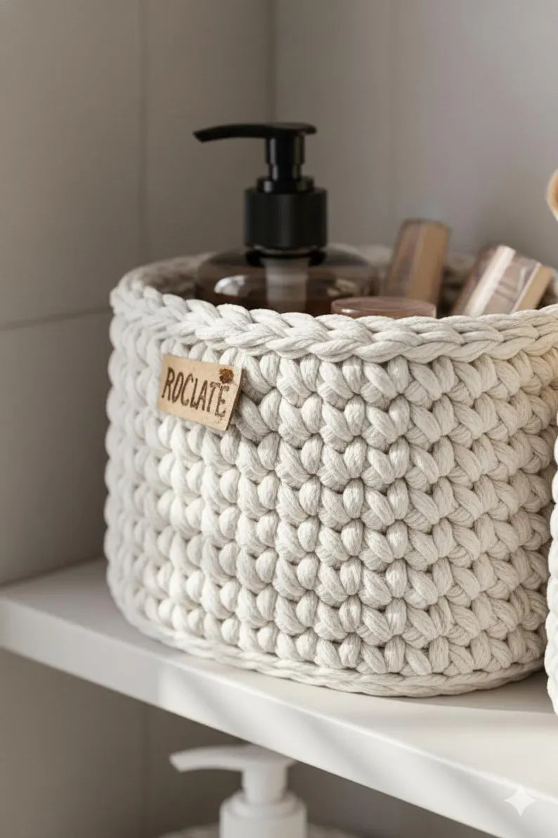 Handmade Beige Crochet Cotton Storage Basket – Minimalist Bathroom & Countertop Organizer Caddy