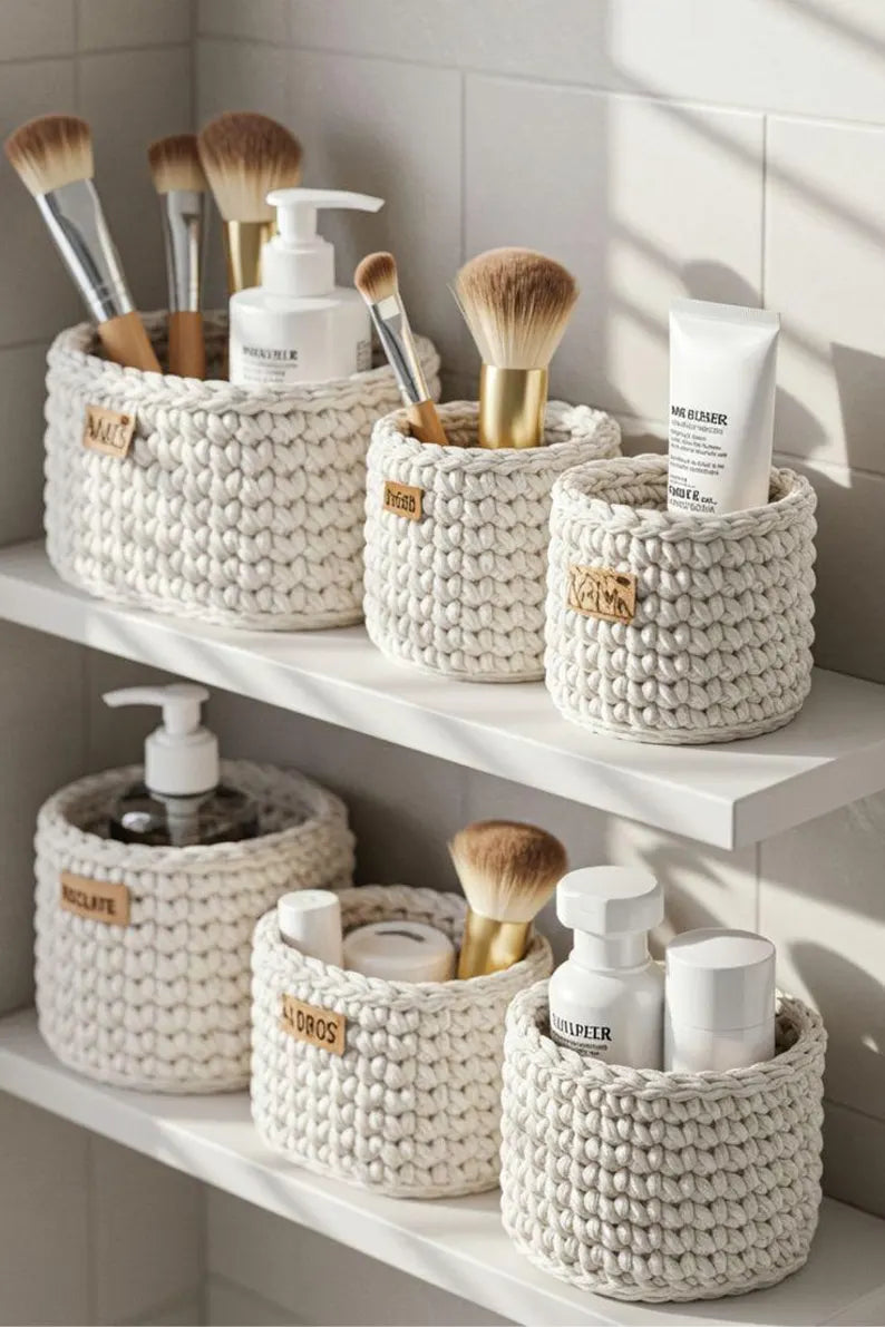 Handmade Beige Crochet Cotton Storage Basket – Minimalist Bathroom & Countertop Organizer Caddy