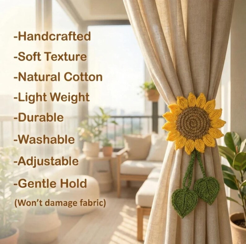 Handmade Crochet Sunflower Curtain Tie Backs – Boho Floral Window Decor for Nursery & Living Room