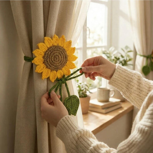 Handmade Crochet Sunflower Curtain Tie Backs – Boho Floral Window Decor for Nursery & Living Room