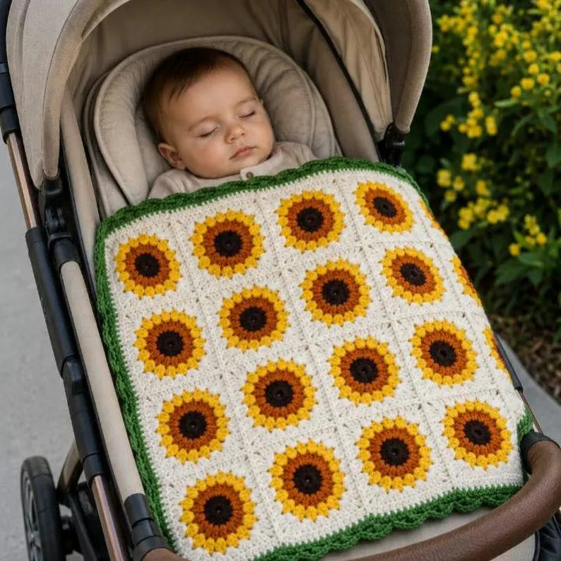 Charming Handmade Sunflower Crochet Blanket – Ultra-Soft Organic Cotton Baby Bedding