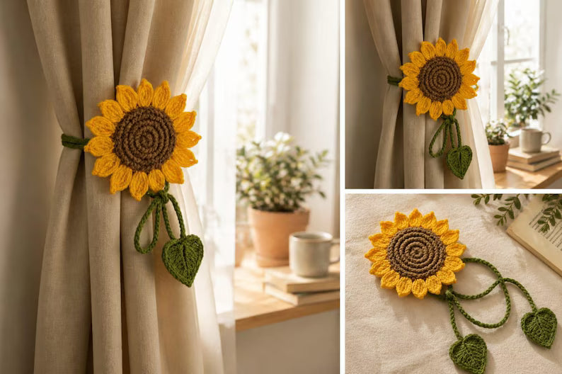 Handmade Crochet Sunflower Curtain Tie Backs – Boho Floral Window Decor for Nursery & Living Room
