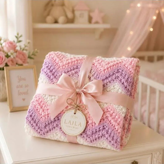 Handcrafted Pastel Pink & Purple Chevron Crochet Baby Blanket – Soft Nursery Afghan