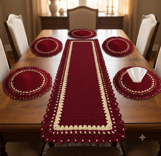 Handmade Crochet Dining Table Set – 7-Piece Table Runner & Placemats Set for Rustic Home & Dining Deco