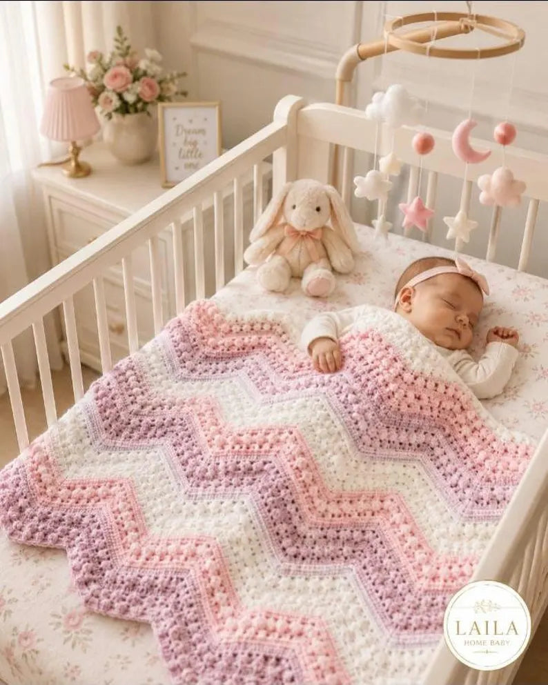 Handcrafted Pastel Pink & Purple Chevron Crochet Baby Blanket – Soft Nursery Afghan