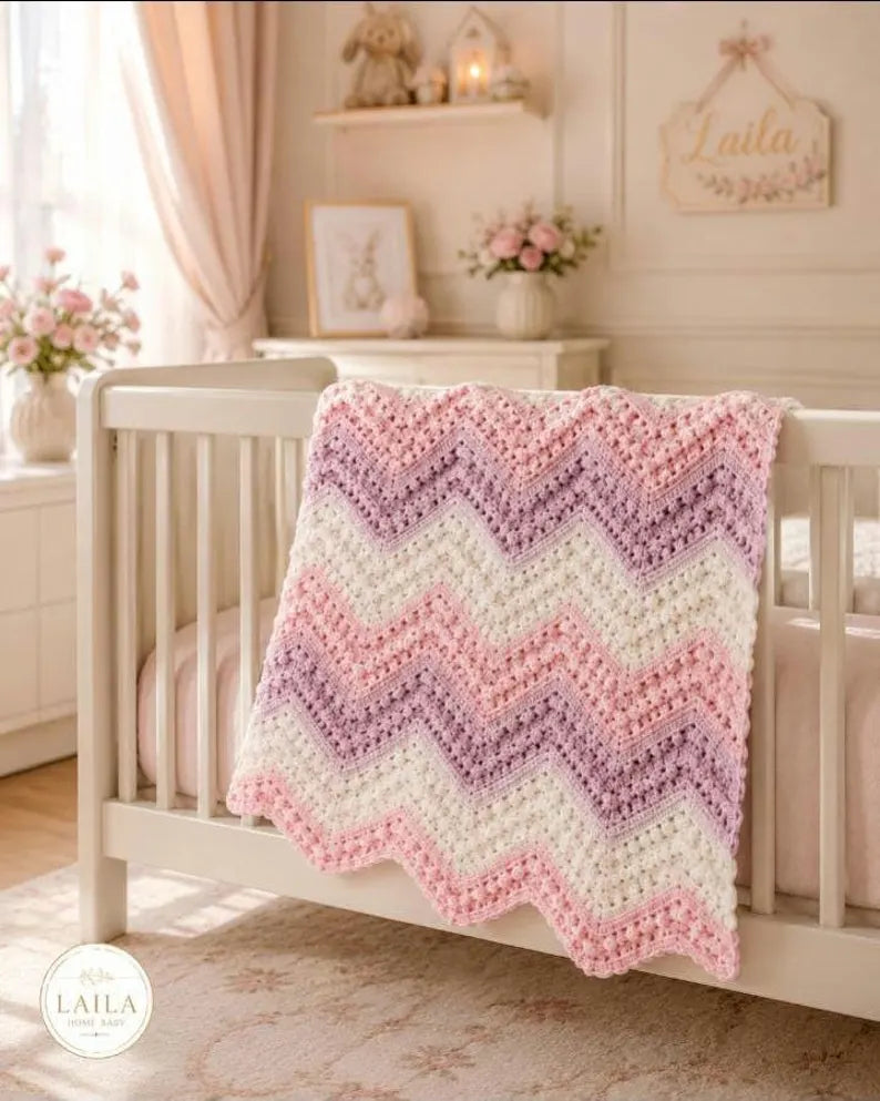Handcrafted Pastel Pink & Purple Chevron Crochet Baby Blanket – Soft Nursery Afghan