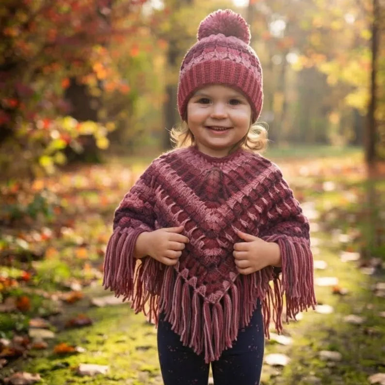 Premium Crochet Toddler Winter Cape & Pom Pom Beanie Set – Soft Ombre Gift for Baby Girls