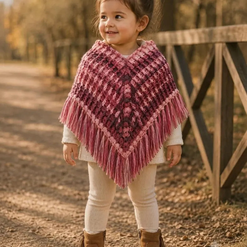 Premium Crochet Toddler Winter Cape & Pom Pom Beanie Set – Soft Ombre Gift for Baby Girls