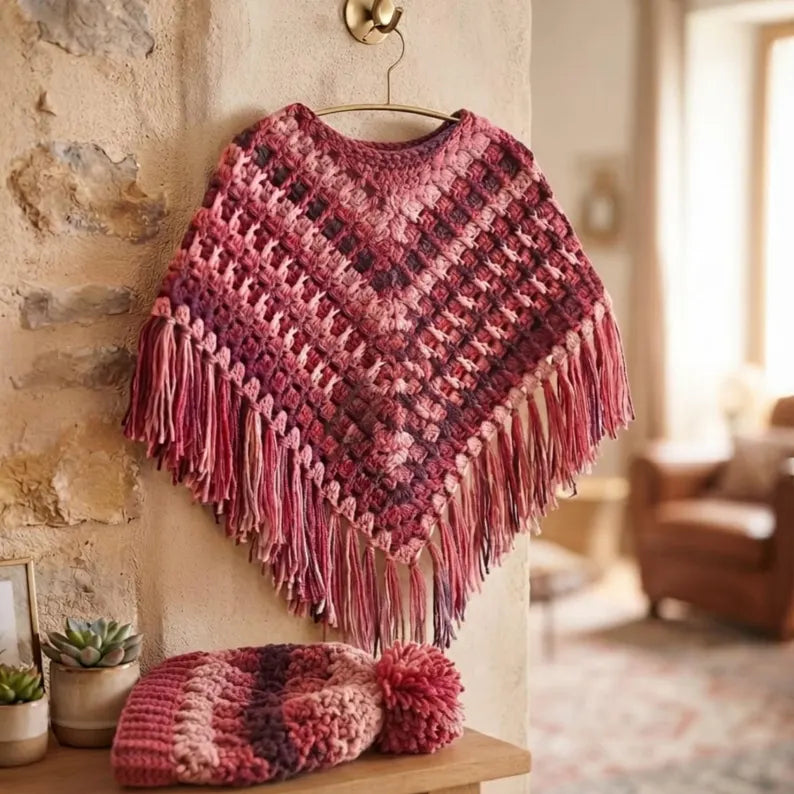 Premium Crochet Toddler Winter Cape & Pom Pom Beanie Set – Soft Ombre Gift for Baby Girls