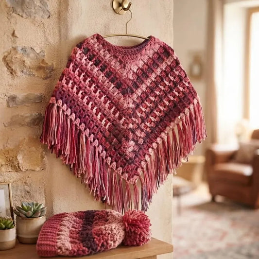Premium Crochet Toddler Winter Cape & Pom Pom Beanie Set – Soft Ombre Gift for Baby Girls
