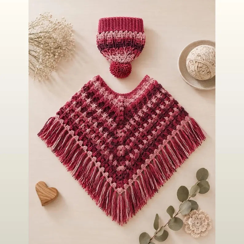 Premium Crochet Toddler Winter Cape & Pom Pom Beanie Set – Soft Ombre Gift for Baby Girls