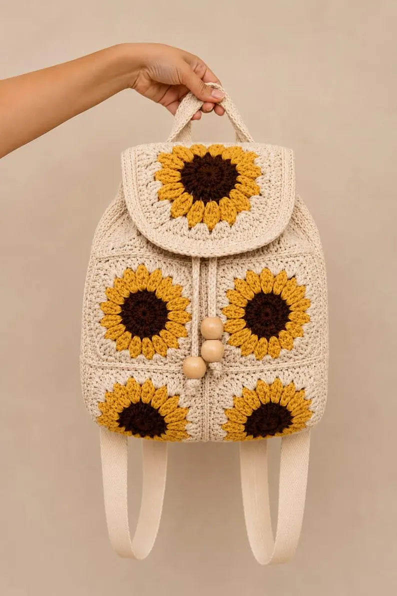 Luxury Handmade Crochet Granny Square Backpack – Women’s Floral Daypack