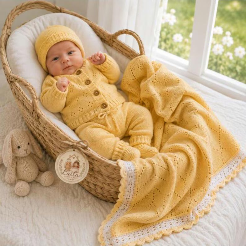 Handmade Crochet Baby Clothing Set – Yellow Newborn Coming Home Outfit & Diamond Blanket Layette