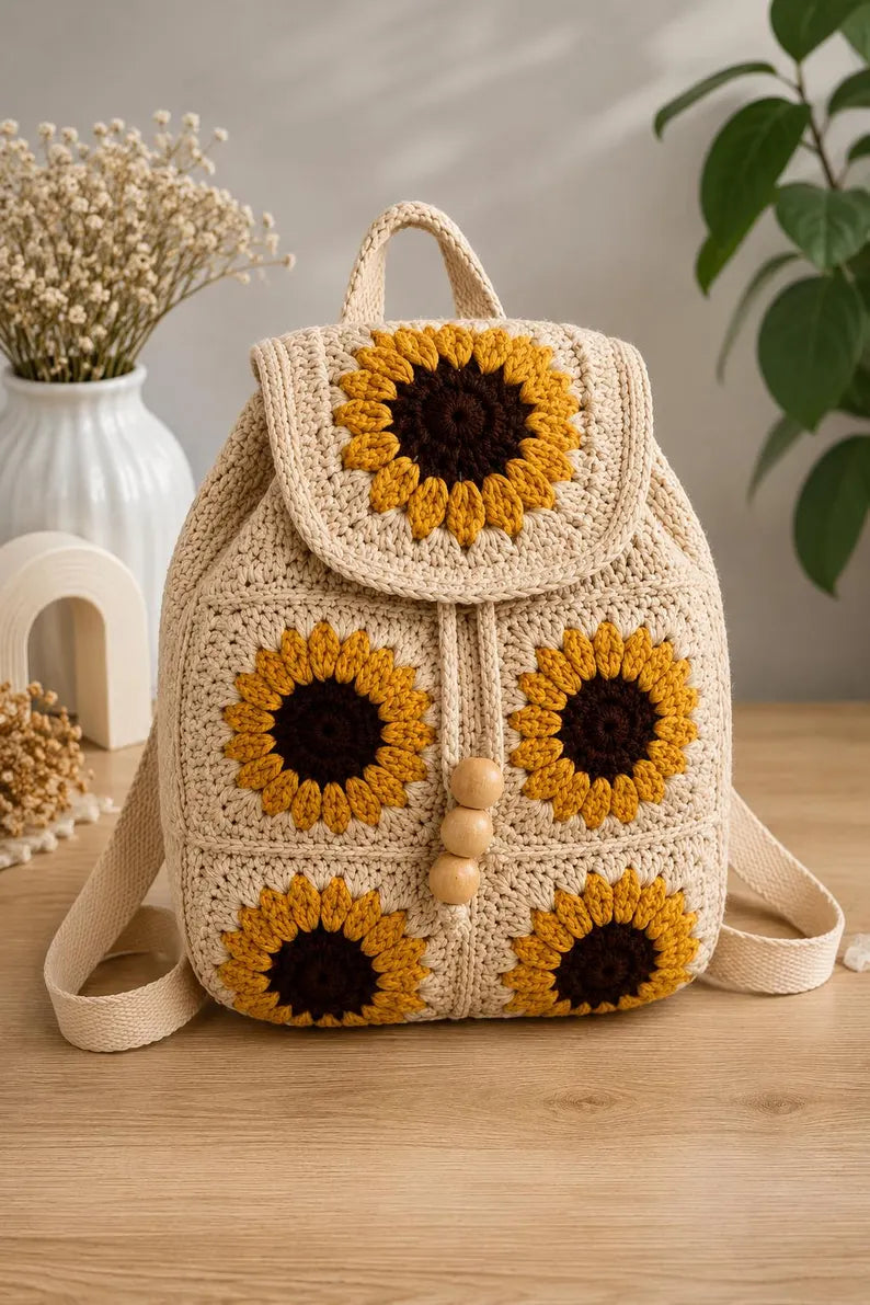 Luxury Handmade Crochet Granny Square Backpack – Women’s Floral Daypack
