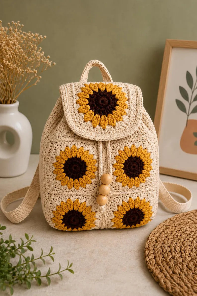 Luxury Handmade Crochet Granny Square Backpack – Women’s Floral Daypack