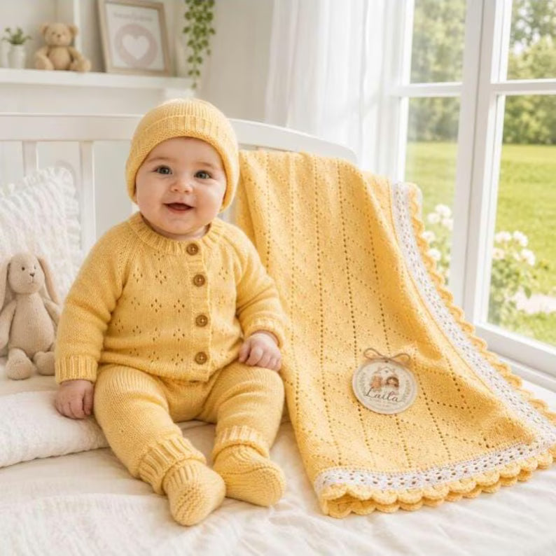 Handmade Crochet Baby Clothing Set – Yellow Newborn Coming Home Outfit & Diamond Blanket Layette
