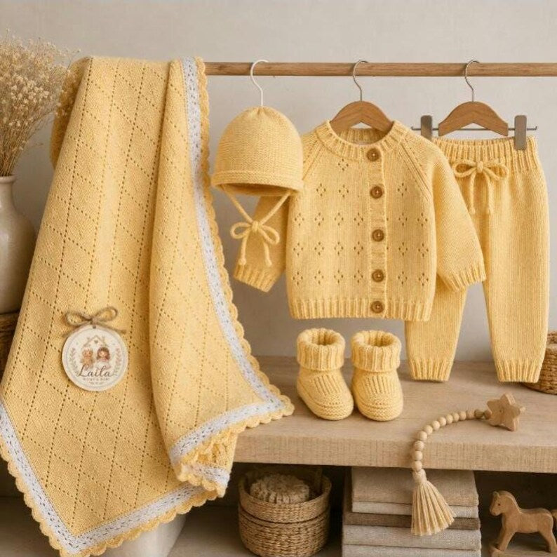 Handmade Crochet Baby Clothing Set – Yellow Newborn Coming Home Outfit & Diamond Blanket Layette