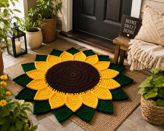 Handmade Crochet Sunflower Doormat | Plush Chunky Yarn Autumn Porch Decor | Large Flower Shaped Welcome Rug (35x35 Inch)
