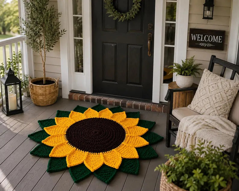 Handmade Crochet Sunflower Doormat | Plush Chunky Yarn Autumn Porch Decor | Large Flower Shaped Welcome Rug (35x35 Inch)
