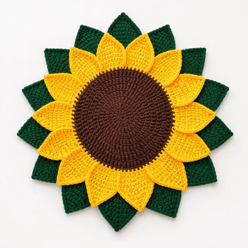 Handmade Crochet Sunflower Doormat | Plush Chunky Yarn Autumn Porch Decor | Large Flower Shaped Welcome Rug (35x35 Inch)