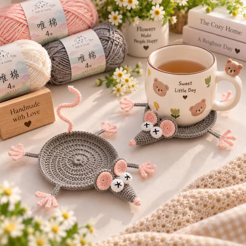 Cute Crochet Animal Mug Rug – Handmade Desk Decor & Unique Gift