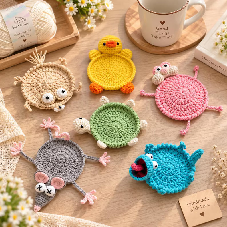 Cute Crochet Animal Mug Rug – Handmade Desk Decor & Unique Gift
